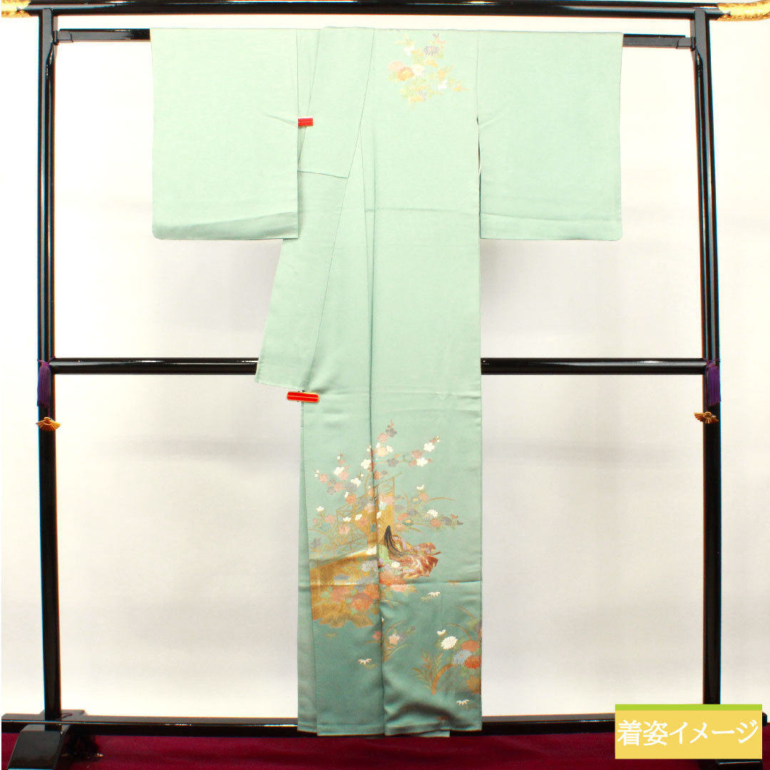 訪問着 正絹 袷 身丈156.5cm 裄丈64cm 薄水色 金彩加工 吉祥文様 Aランク 水色系 1112003523324