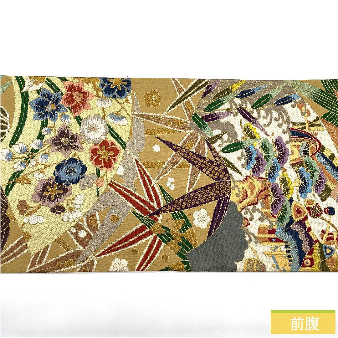 袋帯 胡桃色（くるみいろ） 白綾苑大庭 吉祥文様 松竹梅 帯丈418cm 正絹 Sランク 六通 フォーマル ベージュ系 1123010132325