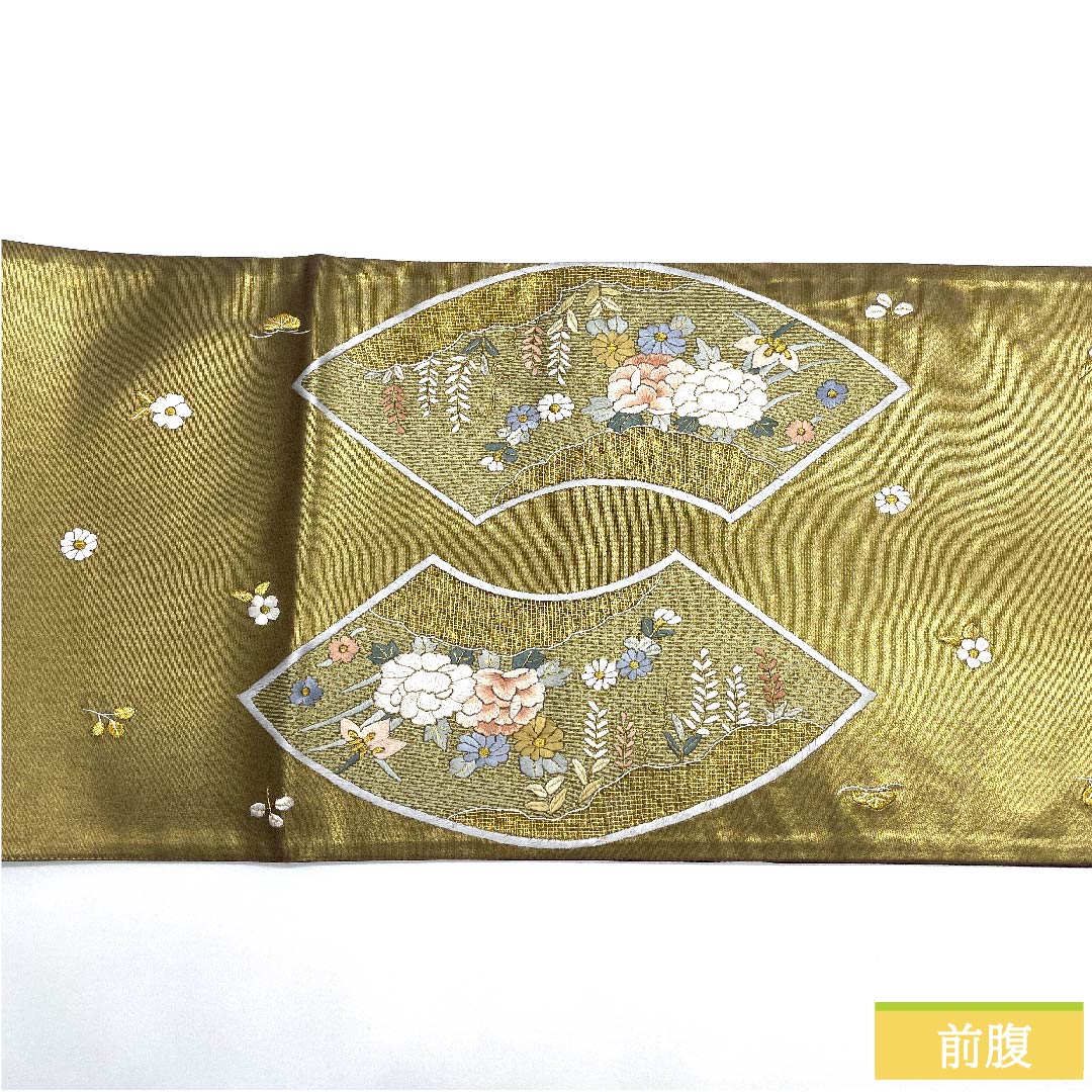 袋帯 正絹 金色 蘇州刺繍 古典柄 花柄 帯丈455cm Sランク 六通 フォーマル 金系 1123010932421