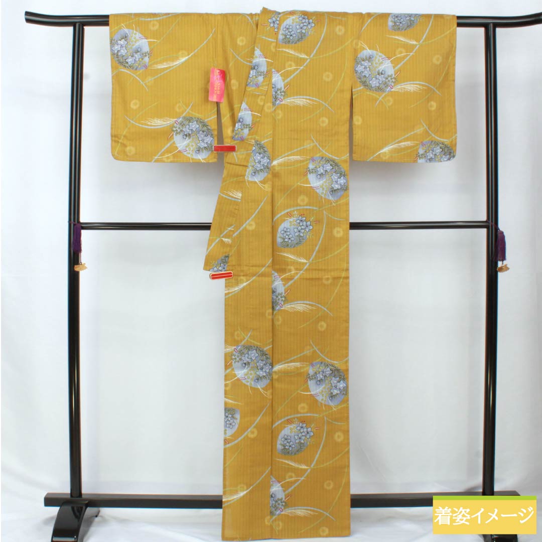 浴衣 木綿 身丈165cm 裄丈65cm Aランク 単衣 黄系 木蘭色（もくらんじき） 草花模様 ラビッサンルーチェ 1118006243523