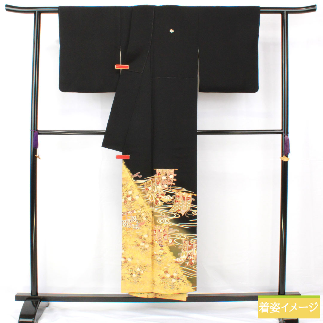 黒留袖 正絹 身丈150cm 裄丈64cm 袷 京友禅 几帳 流水 五つ紋 五三桐 Sランク 黒系 1111001742110