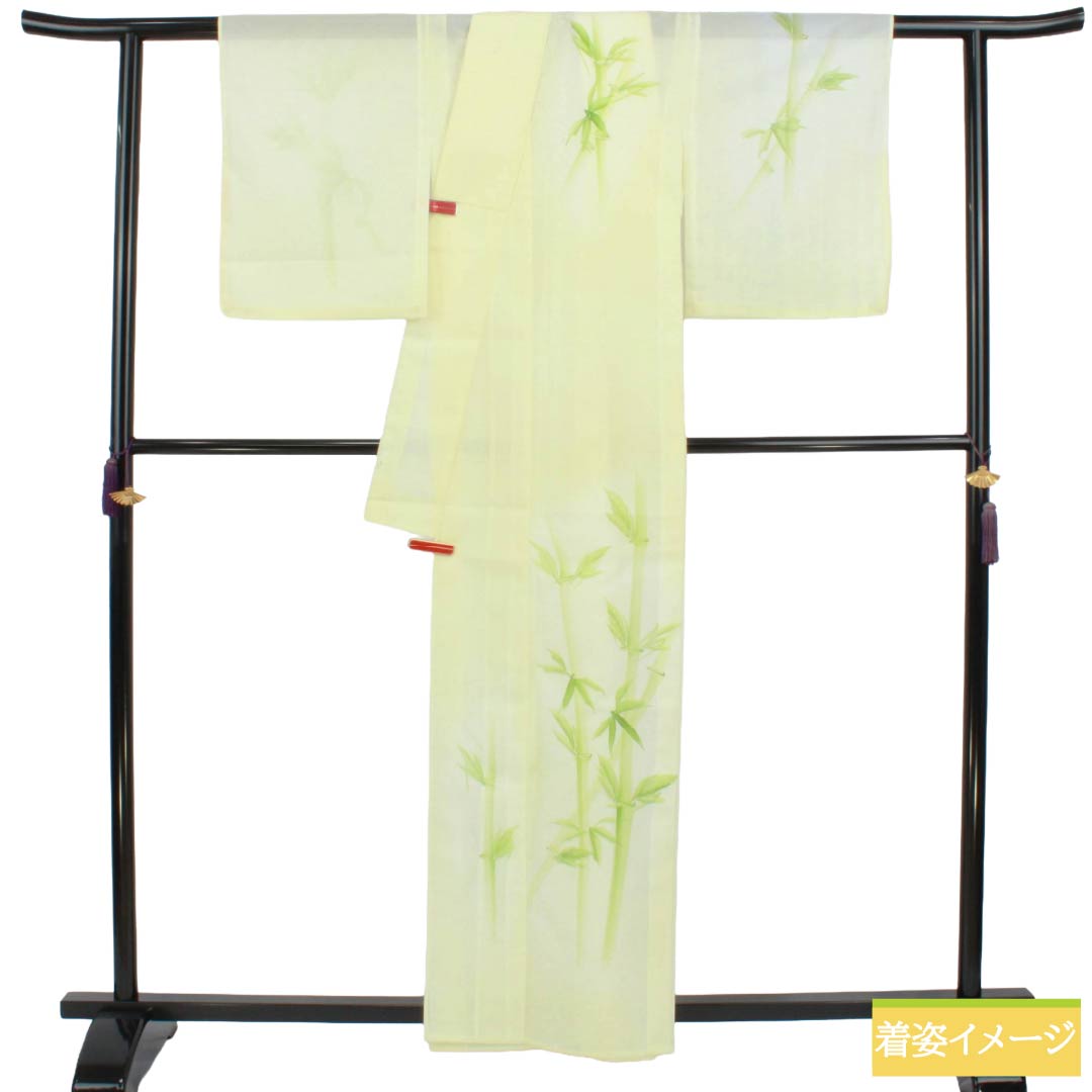 夏物 ポリエステル 訪問着 Aランク 身丈160.5cm 裄丈63cm 白百合色（しらゆりいろ） 竹 付下げ 洗える着物 絽 黄系 1132003453423