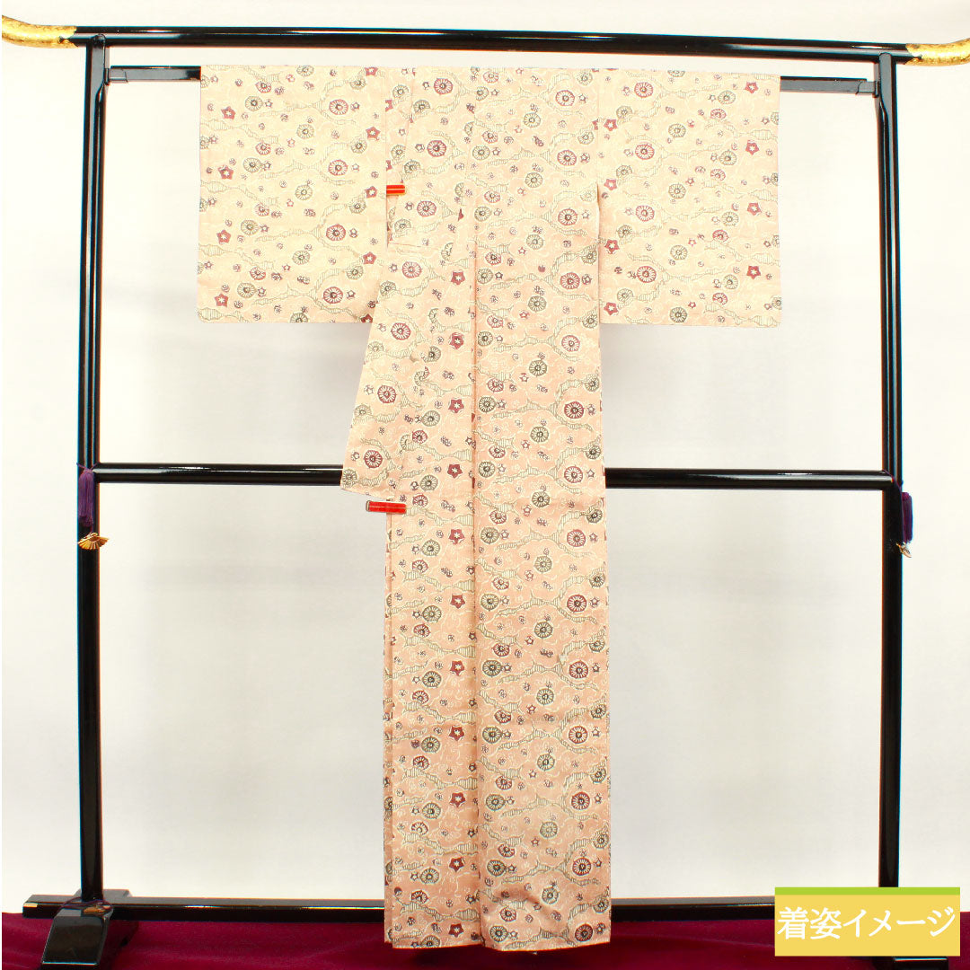 Komon, pure silk, length 160cm, sleeve length 66cm, lined, maiden color, pongee fabric, Kyoto Bingata, abstract pattern, S rank, pink, 1115003532413