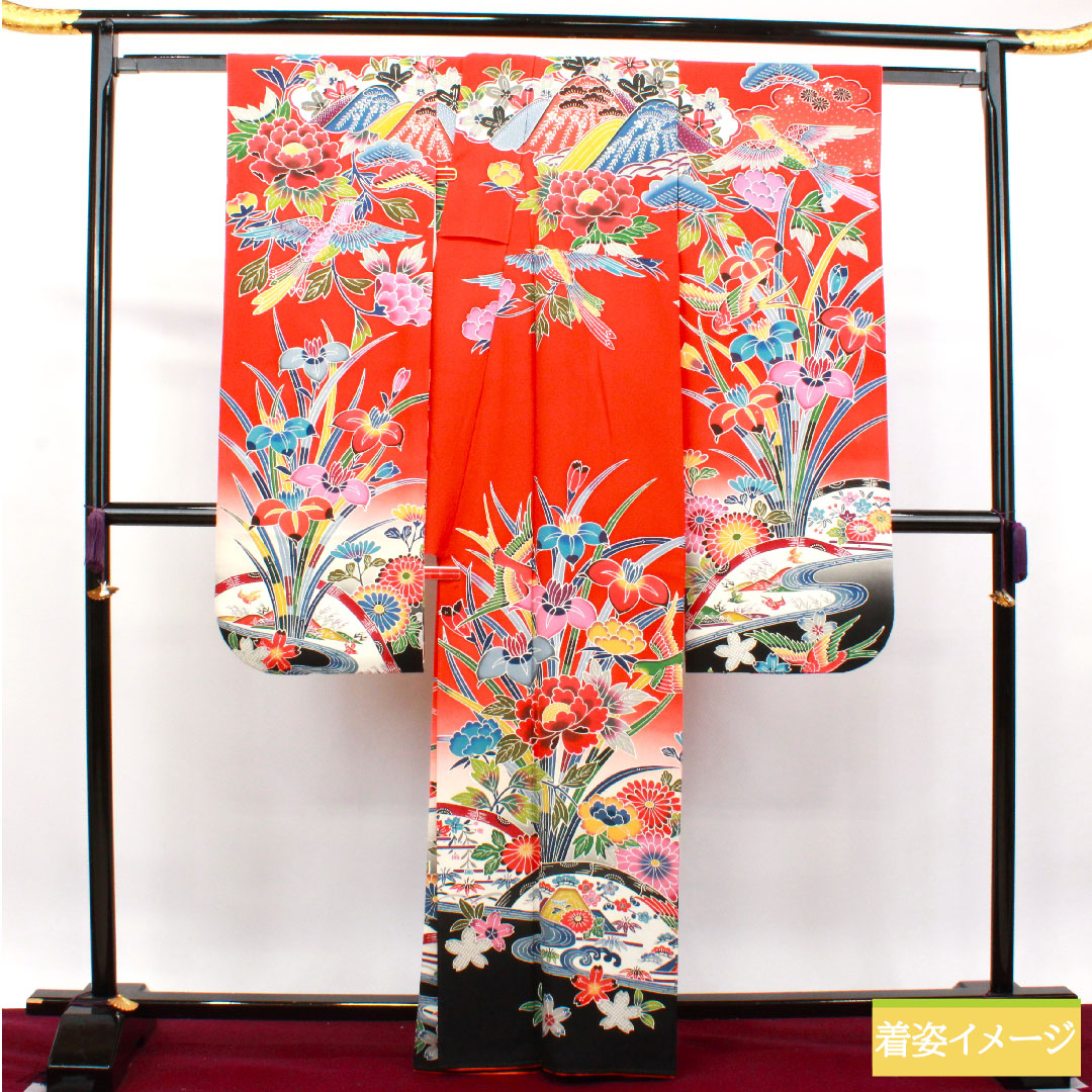 Furisode, pure silk, length 164cm, sleeve length 65.5cm, lined, scarlet, Kyoto Bingata, auspicious motif, S rank, red, 1113001832412