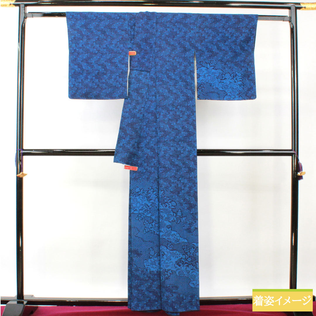 訪問着 正絹 袷 身丈159cm 裄丈64.5cm 濃紺色（のうこんいろ） 藍染 天然灰汁発酵建 佐藤昭人 国選定無形文化財 竹内晃子 Sランク 紺系 1112004342318