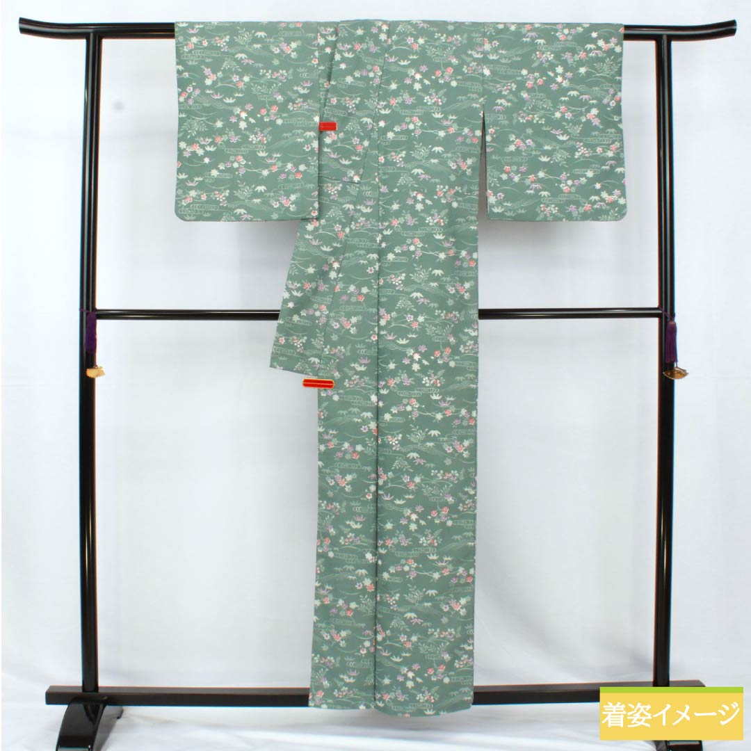 小紋 ポリエステル 身丈158.5cm 裄丈63cm 袷 山藍摺色（やまあいずりいろ） 洗える着物 草木模様 Aランク 緑系 1115005143319
