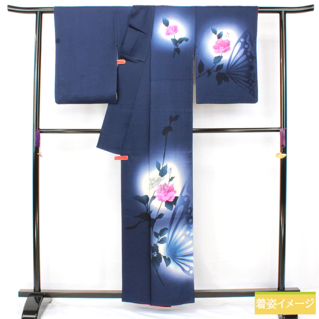 Homongi, pure silk, lined, length 159cm, sleeve length 65cm, dark blue, butterfly, rose, A rank, navy blue, 1112005883318