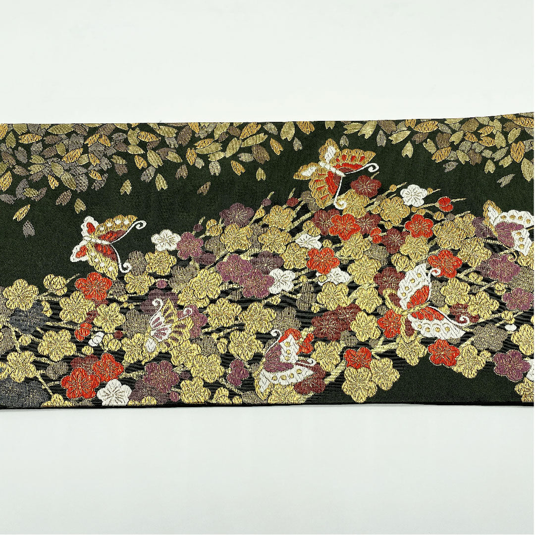 袋帯 革色（かわいろ） 振袖用 蝶 桜 帯丈438cm 正絹 Aランク 六通 フォーマル 緑系 1123005003319