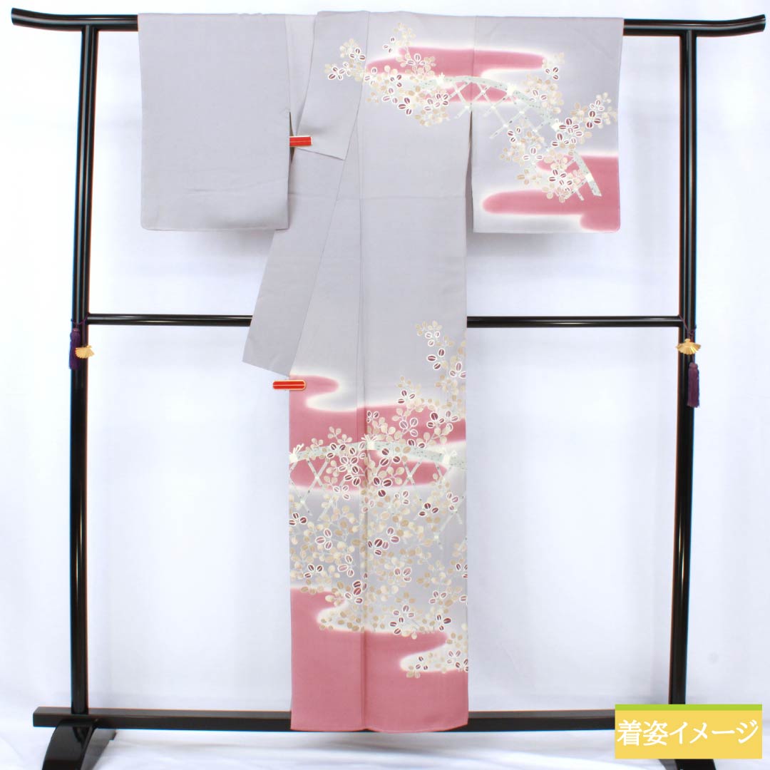 訪問着 正絹 Bランク 袷 身丈154cm 裄丈64.5cm 鈍紫色（にぶむらさきいろ） 一つ紋 中陰五三桐 京友禅 霞 萩 紫系 1112007244220