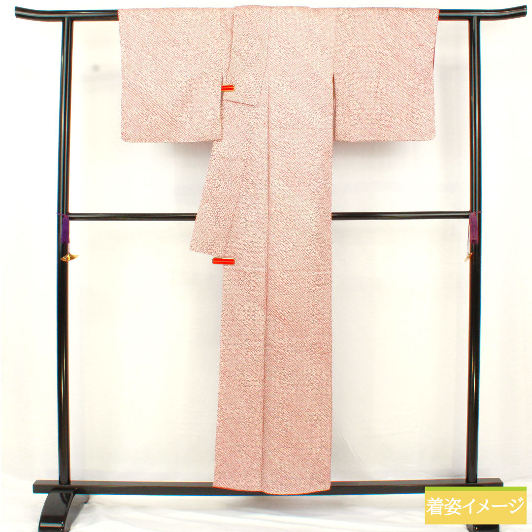 小紋 正絹 身丈155cm 裄丈63cm 袷 積紅色（せきこういろ） 総絞り 疋田絞り Aランク 紫系 1115004643320