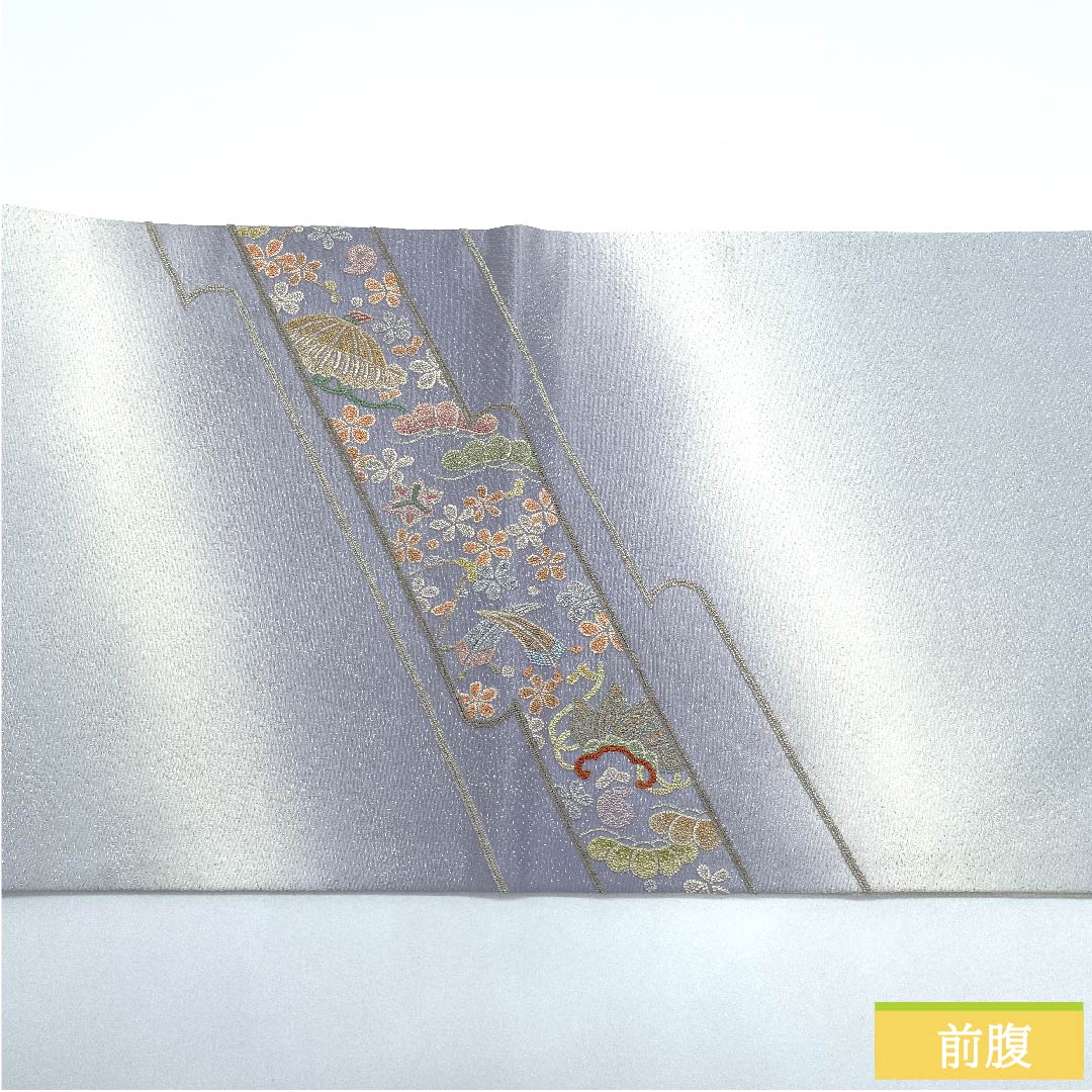 袋帯 正絹 魚肚白色（ぎょとはくいろ） 作家物 中村京山 宝尽くし 長尺 帯丈477cm Sランク ポイント柄 フォーマル 水色系 1123011272424
