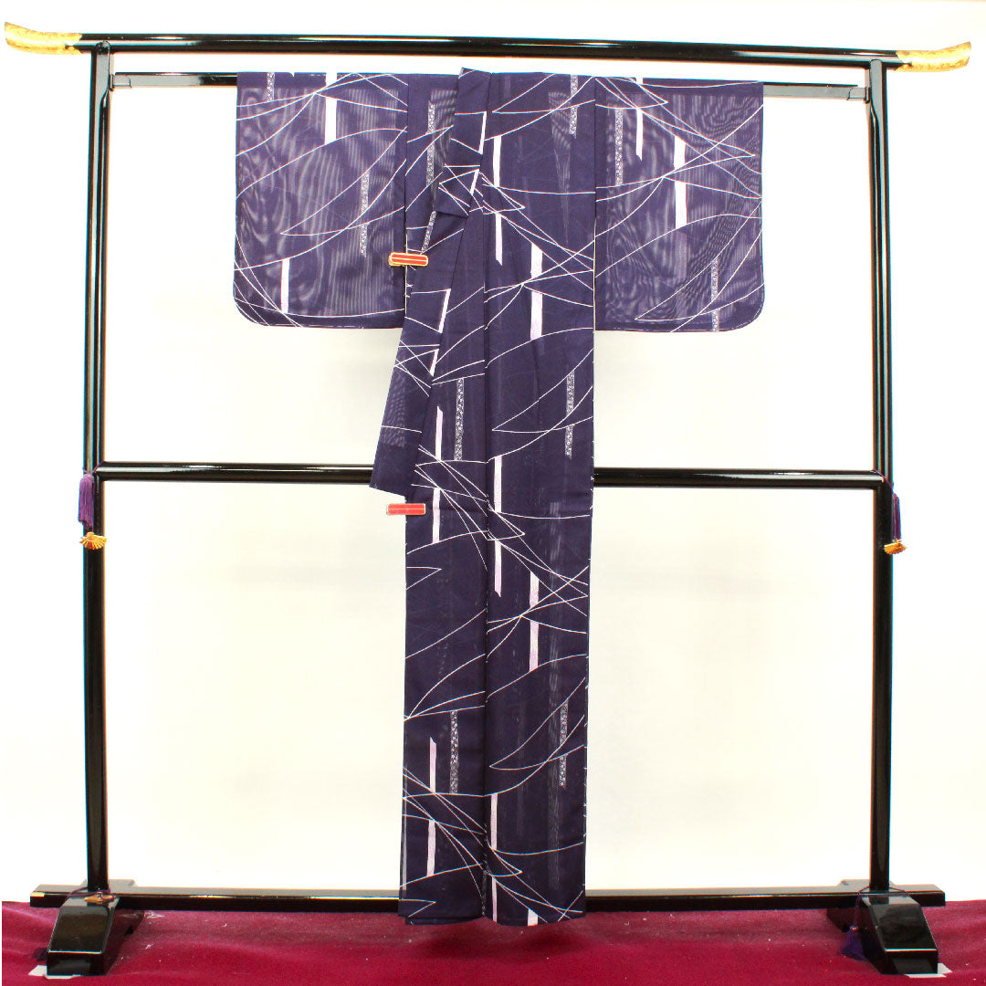 Summer item, polyester, small pattern, length 158.5cm, sleeve length 60.5cm, purple navy blue, bamboo, basting thread included, unused item, silk gauze, S rank, purple, 1132000942320