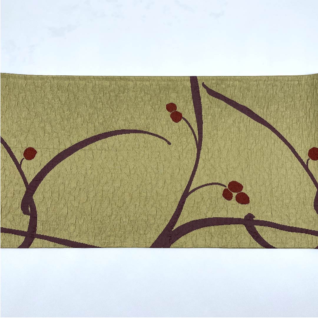 [Unfinished] Fukuro-Obi, Silk, NEW Rank, Kare-iro (brownish yellow), Berries, Abstract Pattern, Obi Length 457cm, Rokutsu, Casual, Beige Tones, 1123008461425