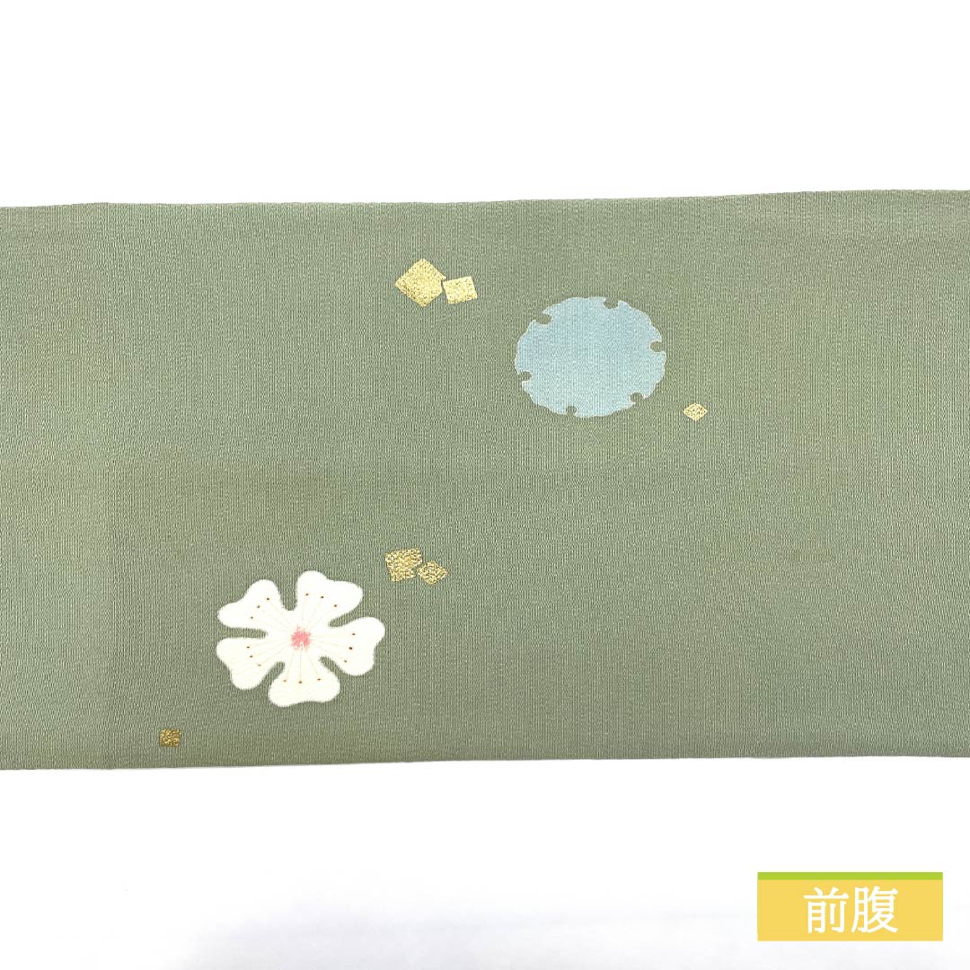 Nagoya obi, Ura-iro (back leaf color), crepe fabric, dyed obi, Setsugekka, obi length 364cm, pure silk, S rank, point pattern, casual, green, 1124007042319, Matsuba style