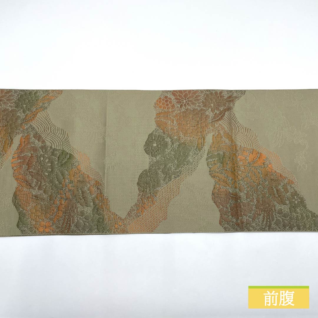 Nagoya obi, yellow-grey, Hakata weave, puffed weave, Cyprus treasure, obi length 356cm, pure silk, S rank, six-pass, casual, green, 1124008202319, Matsuba style