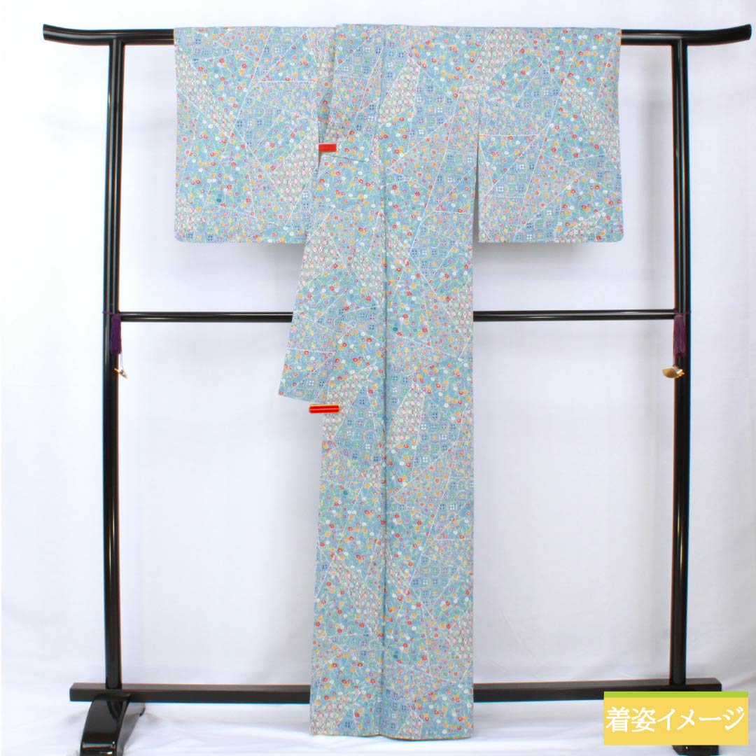 小紋 正絹 身丈164cm 裄丈63.5cm 袷 空色（そらいろ） 型染 割付 しつけ糸付き Sランク 水色系 1115005832424