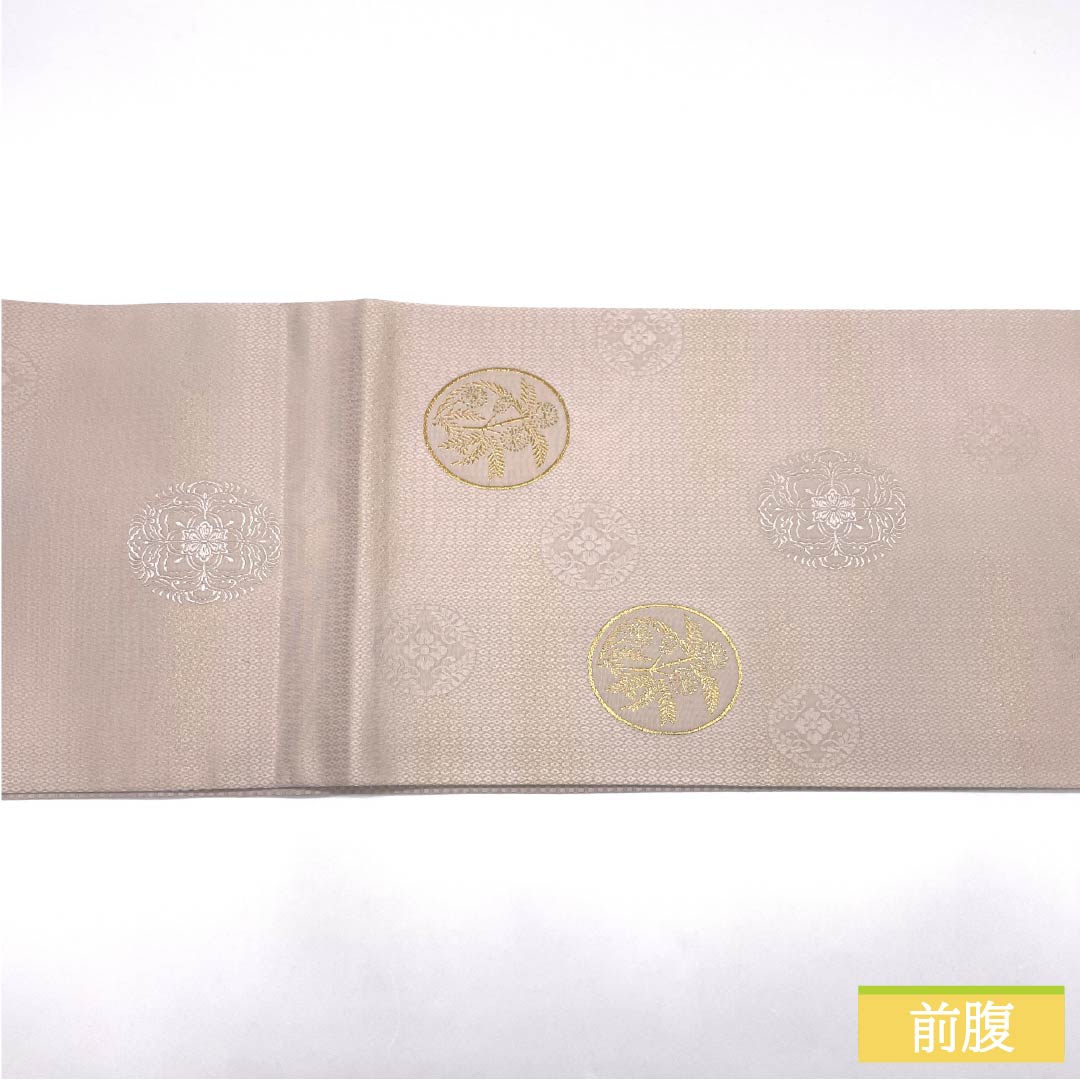 Fukuro Obi (sash) made of pure silk, S-rank, in pale cherry blossom color, featuring floral motifs and a classic circle pattern. Length: 452cm, six-fold obi, semi-formal, pink. Product code: 1123015322413