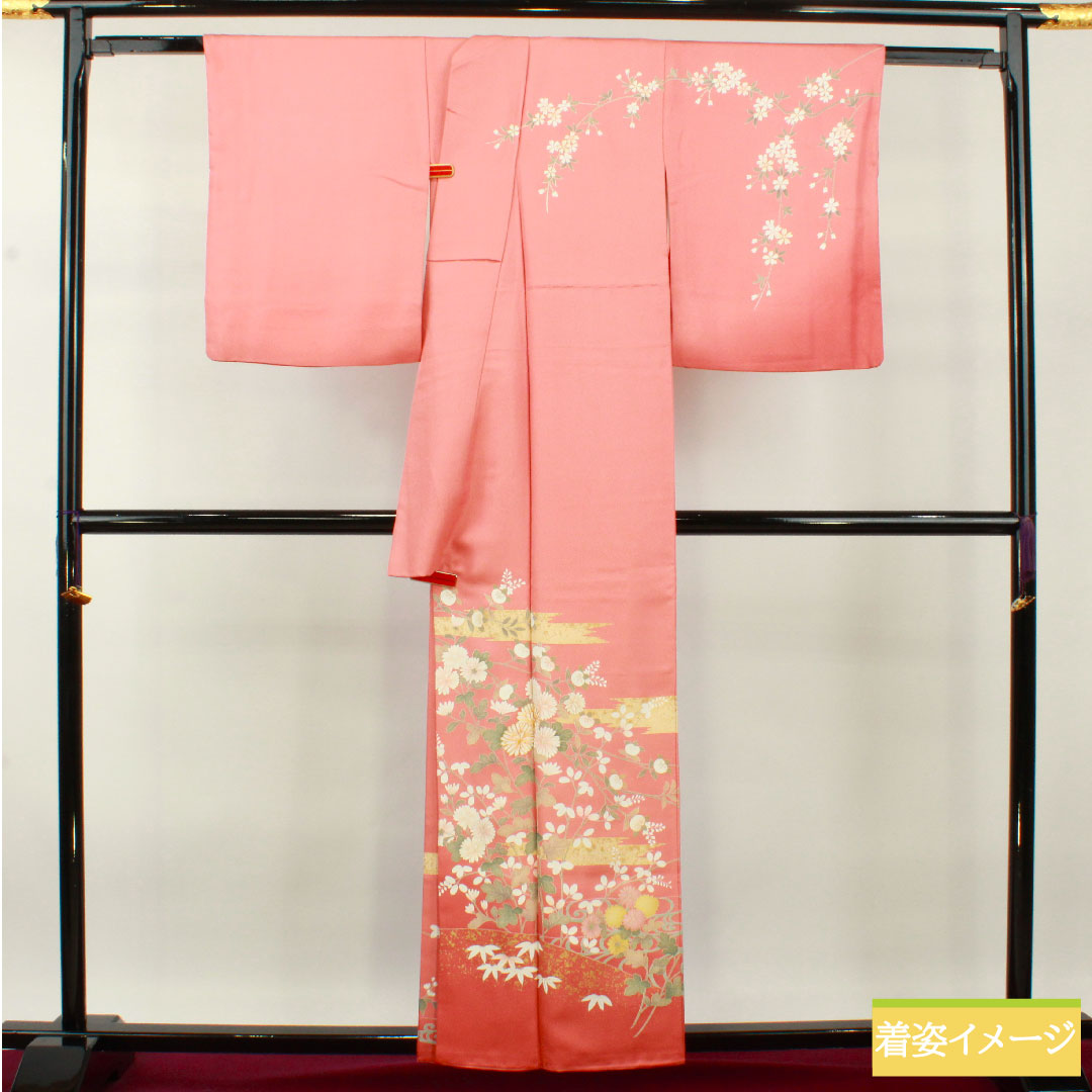 Homongi, pure silk, lined, length 158.5cm, sleeve length 64.5cm, Choshun-iro (Choshu-iro), Kyo-Yuzen, cherry blossom, chrysanthemum, flowing water, auspicious motif, S rank, pink, 1112004442313