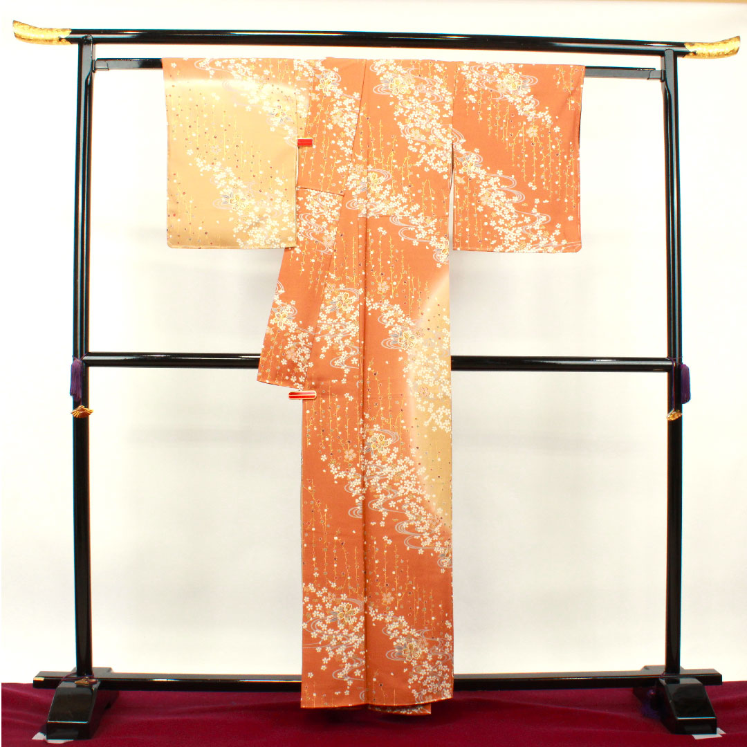 Homongi, pure silk, lined, length 159cm, sleeve length 64cm, Kyoto Yuzen, cherry blossom, with basting thread, unused, S rank, gradation, 1112003132399
