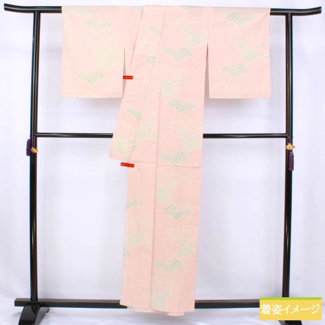 Pure silk tsumugi (pongee) kimono, Grade A, length 157.5cm, sleeve length 63cm, Shinonomeiro (cloud pattern), single layer, pink, product code: 1116004453313