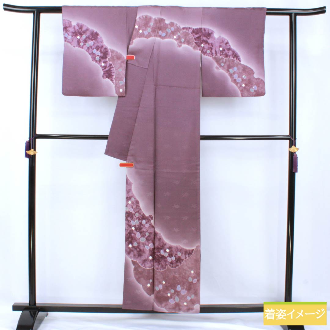 訪問着 正絹 Aランク 袷 身丈156.5cm 裄丈63cm 古代紫色（こだいむらさきいろ） 絞り 雪輪 椿 紗綾形 紫系 1112007063320