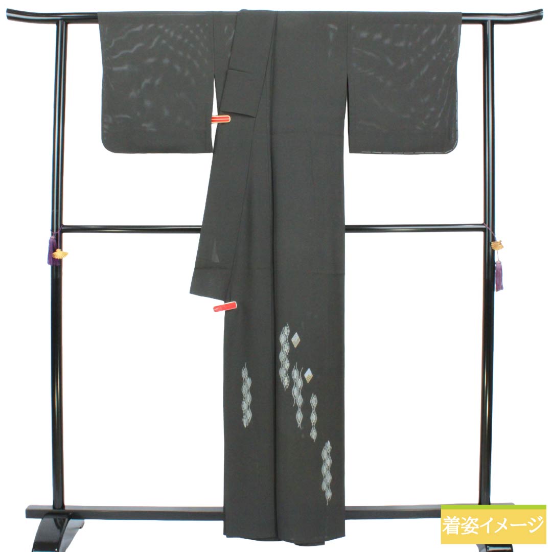 夏物 正絹 付下げ Sランク 身丈162cm 裄丈66cm 具墨色（ぐずみいろ） 型染 蘇州刺繡 抽象模様 絽 グレー系 1132005092422