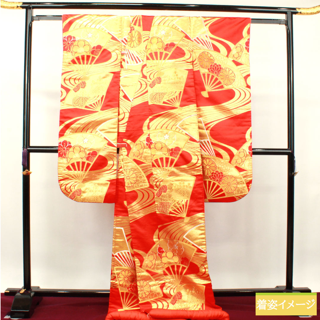 Colored uchikake, pure silk, length 187cm, sleeve length 63.5cm, fan, flowing water, auspicious motif, A rank, lined, vermilion, 1110000643916