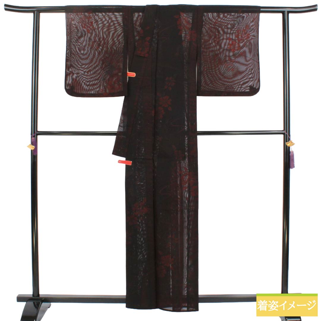 夏物 正絹 お召 Sランク 身丈159.5cm 裄丈64cm 臙脂墨色（えんじずみいろ） 流水 花柄 紗 赤系 1132004392312