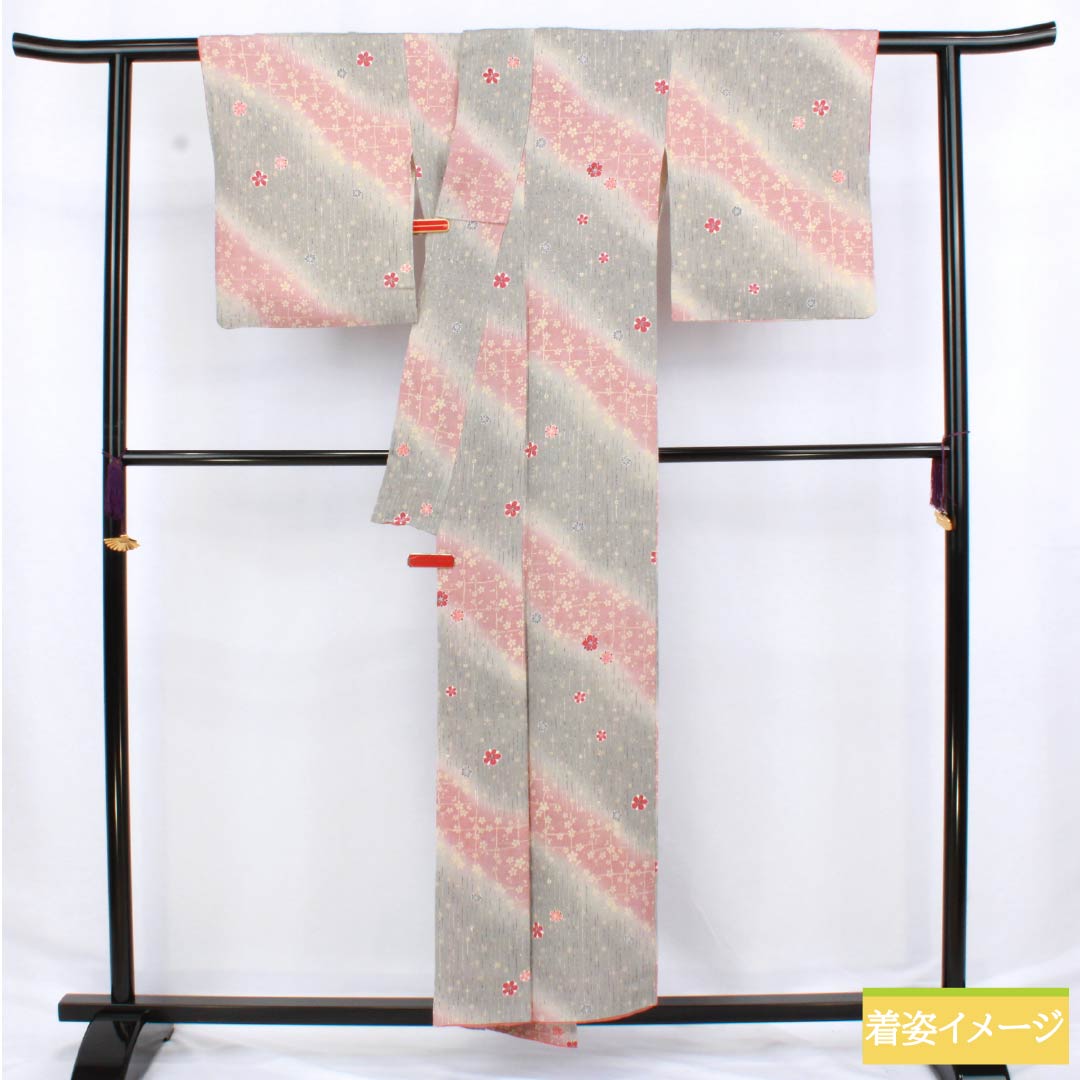 小紋 正絹 Sランク 身丈153cm 裄丈63cm 袷 浅蘇芳色（あさきすおういろ） 縞 梅 グラデーション系 1115006312299