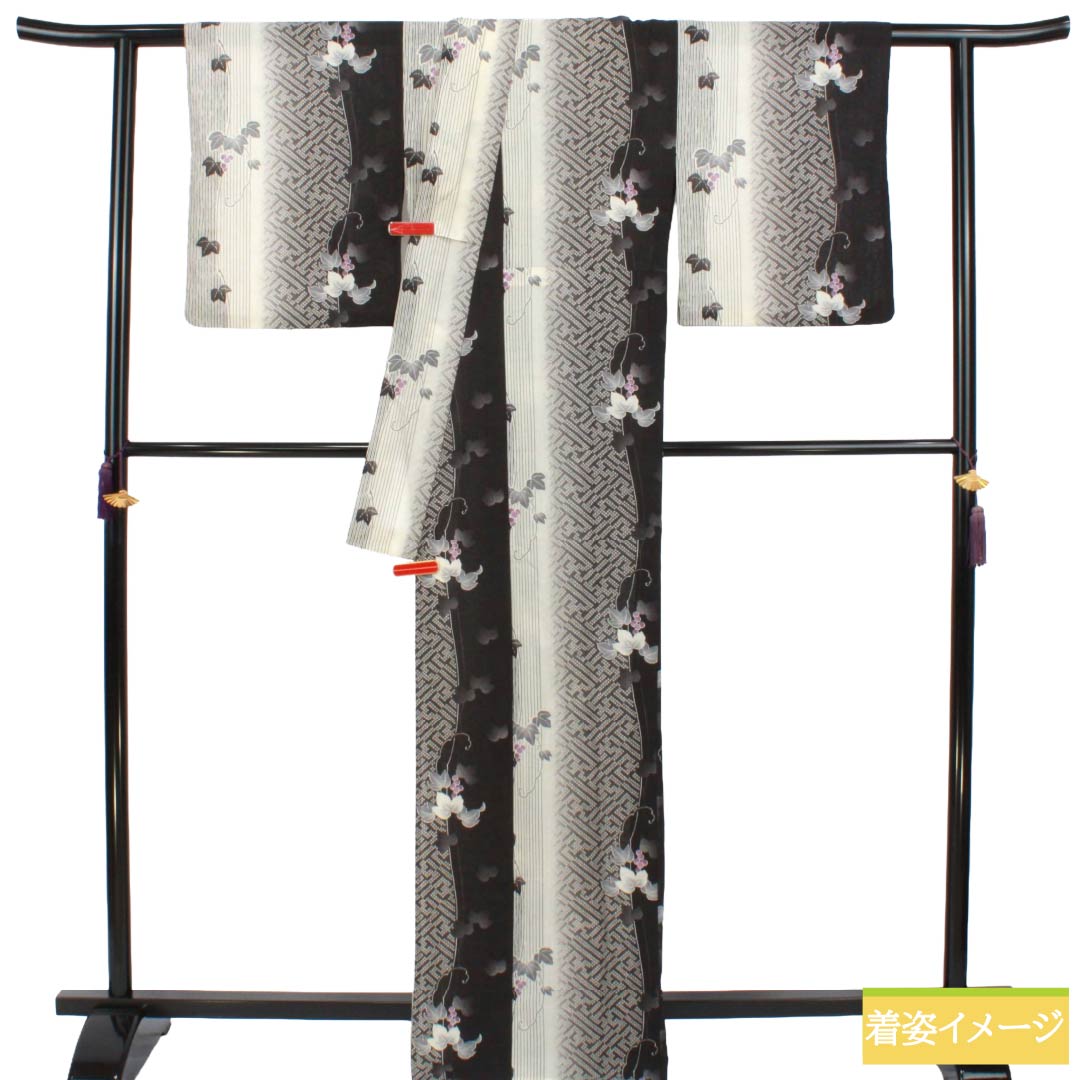 Summer Polyester Komon S-rank, Length 166.5cm, Sleeve-to-shoulder 68cm, Stripes, Koji-tsunagi, Ivy, Washable Kimono, Sha, Monotone 1132003562527