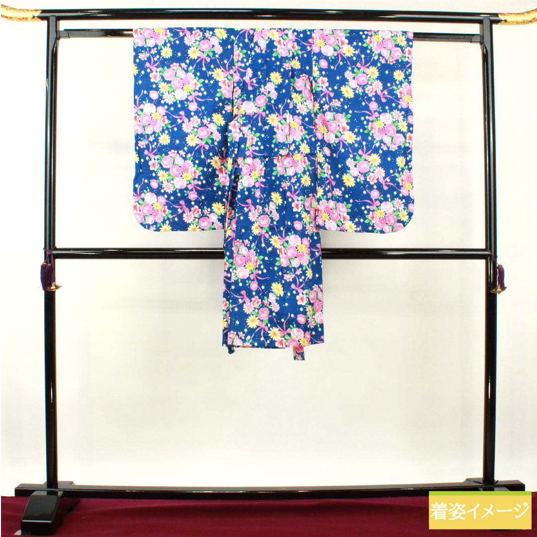 Yukata Cotton Length 107.5cm Sleeve length 56.5cm S rank Single layer Navy blue Lapis lazuli color Shoulder raising included Body raising included Floral pattern 1118005022118