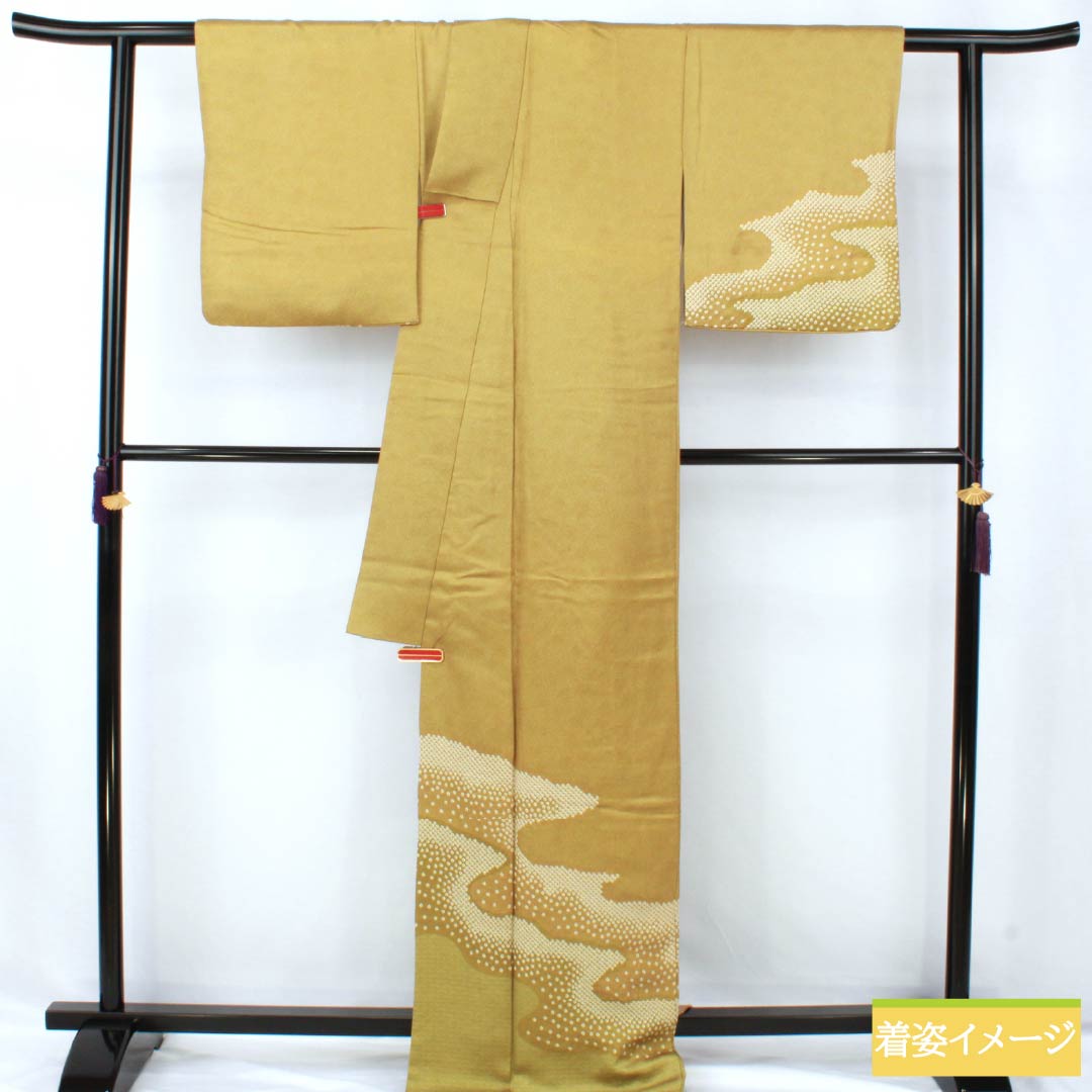 訪問着 正絹 Aランク 袷 身丈175cm 裄丈66.5cm 黄橡色（きつるばみいろ） 江戸小紋 重要無形文化財 今坂國雄 絞り道長 伝統工芸伝承者 黄系 1112007483823