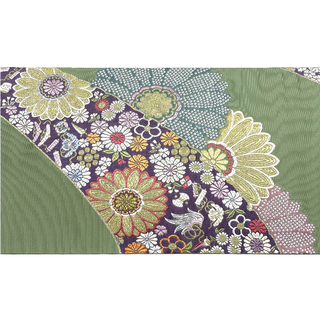 Fukuro Obi (wasabi color) with treasures and floral patterns, Takashima Orimono, obi length 435cm, pure silk, S rank, six-pass, semi-formal, green, 1123007162319