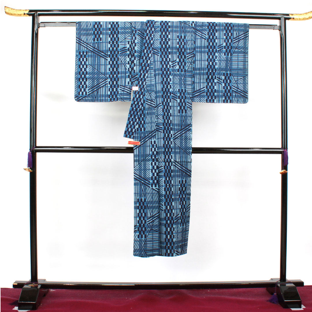 浴衣 男物 しつけ糸付き 未使用品 幾何学模様 木綿 Sランク 単衣 身丈138cm 裄丈65cm グラデーション系 1118003772199
