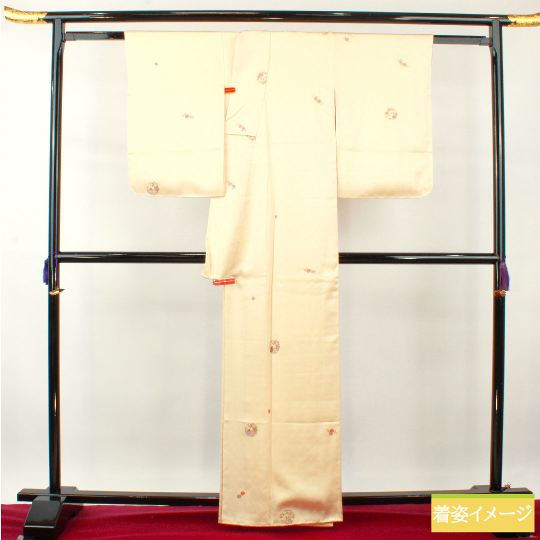 小紋 正絹 身丈162cm 裄丈64cm 袷 薄肉色（うすにくいろ） 京友禅 刺繍 Bランク クリーム系 1115004204415