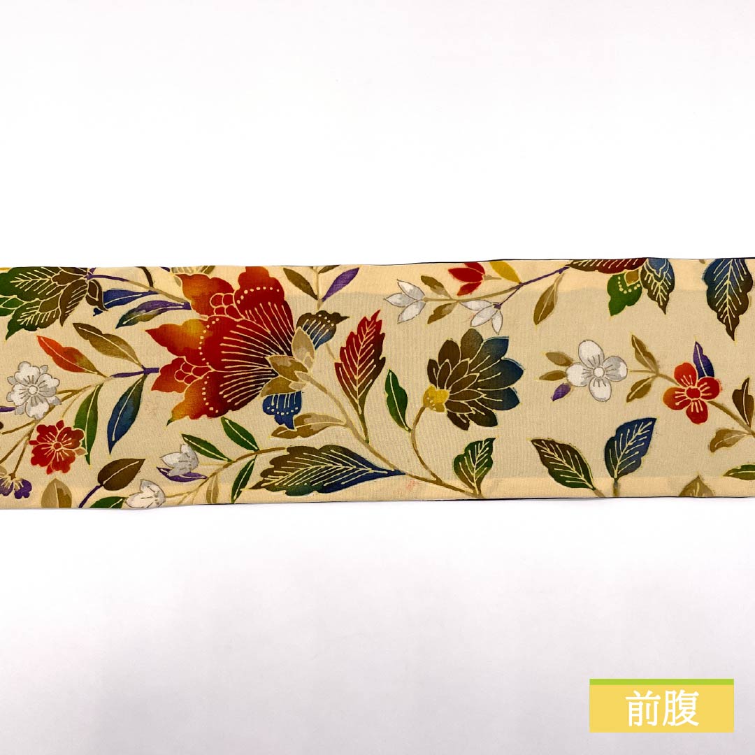 Nagoya Obi Obana-iro (Obana color) Dyed Obi Creative Obi Flower pattern Obi length 421cm Pure silk B rank Full length Casual Cream color 1124008154415 Nagoya tailoring