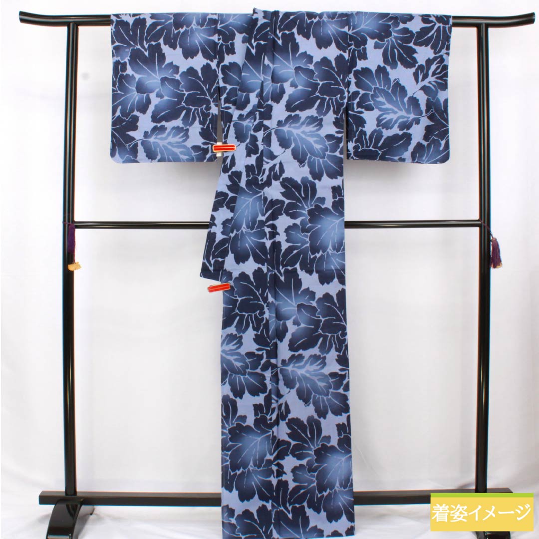 Cotton Yukata, Length 166cm, Sleeve Length 67cm, S Rank, Single Layer, Blue, Aofujiiro (Blue Wisteria) with Leaf Pattern, 1118006612517