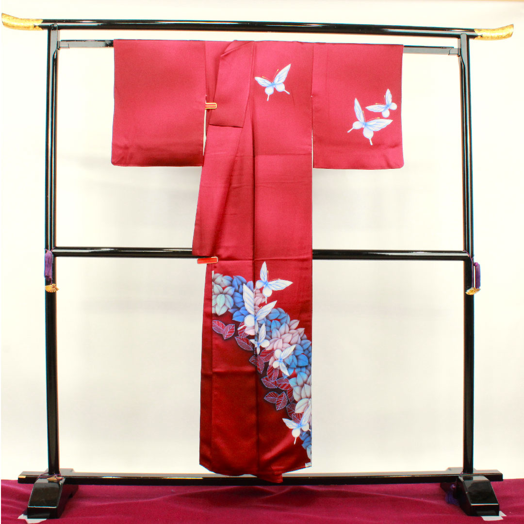 Homongi, pure silk, lined, length 151cm, sleeve length 63cm, dark red, butterfly, S rank, purple, 1112002992220