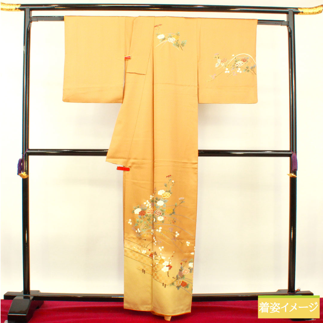訪問着 袷 身丈163cm 裄丈66cm 枇杷茶色 京友禅 草花模様 正絹 Sランク 茶系 1112003912414