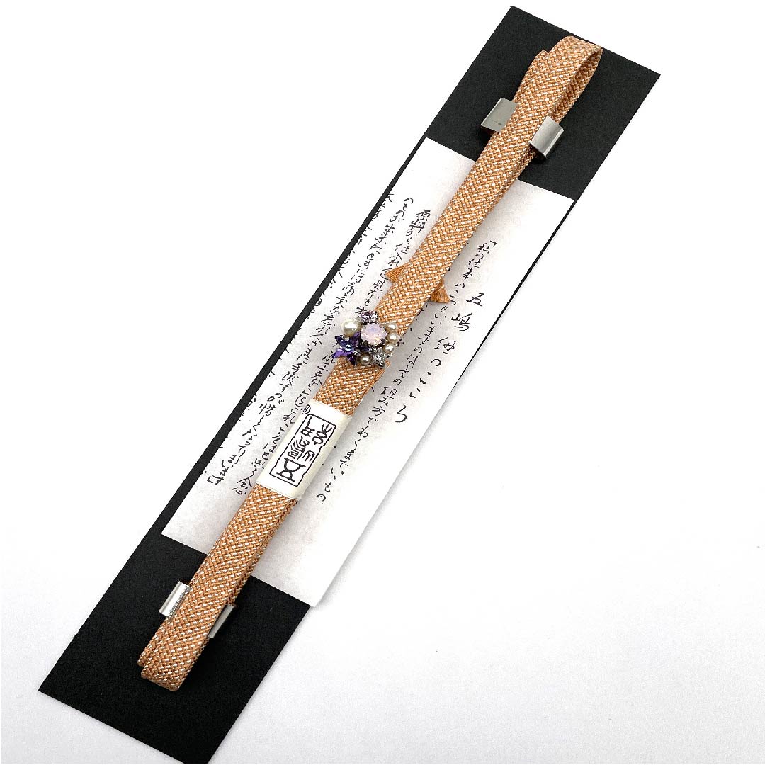 （新古品） 帯締め 正絹 三分紐 鮭色（さけいろ） 五嶋紐 帯留め付き ビジュー 長さ約130cm 幅約1cm カジュアル Sランク 橙系 1135000142326