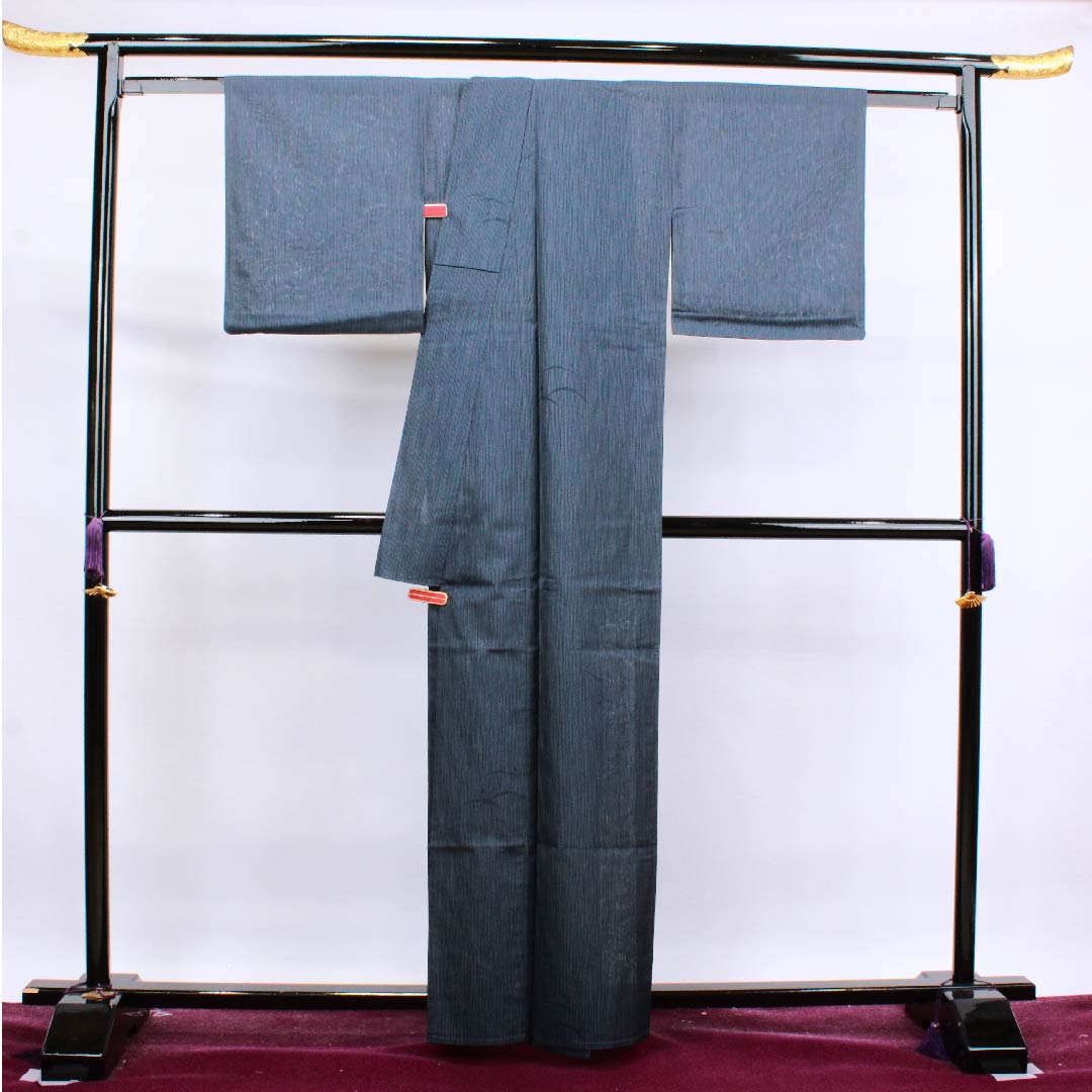 夏物 正絹 小紋 身丈162.5cm 裄丈65cm 錫紵色（しゃくじょいろ） 露芝 紗 Aランク 紺系 1132000193418