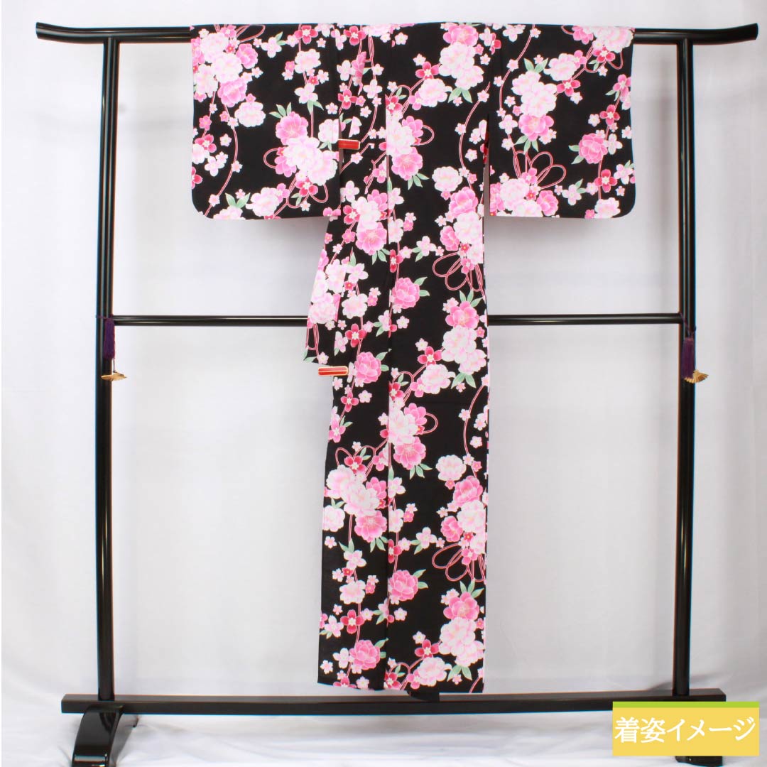 Cotton Yukata, Length 151cm, Sleeve Length 62cm, A Rank, Single Layer, Black, Camellia Pattern, 1118005963210