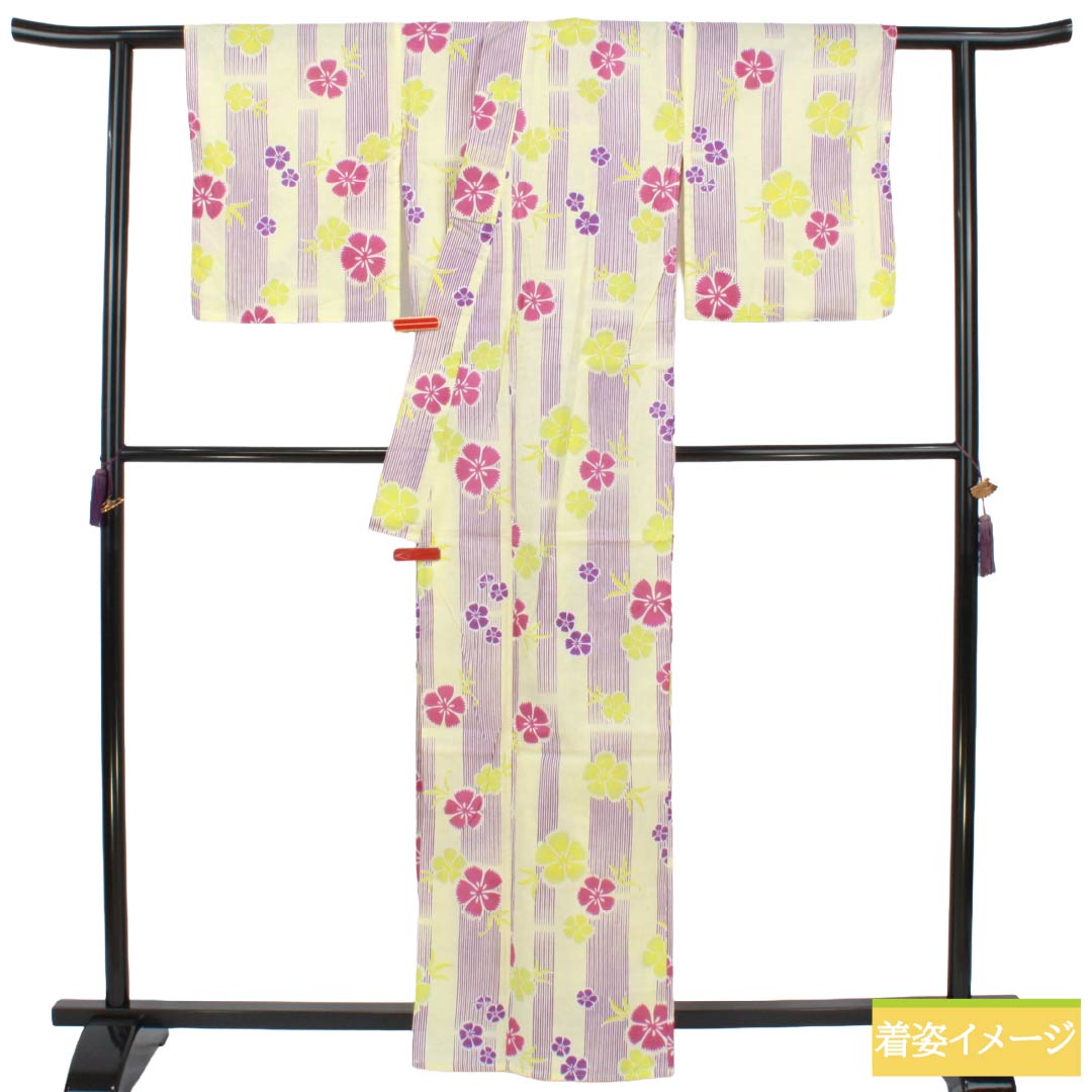 浴衣 木綿 Sランク 身丈162cm 裄丈65.5cm 淡黄蘗色（うすきはだいろ） 縞 秋桜 型染 単衣 黄系 1118007022423