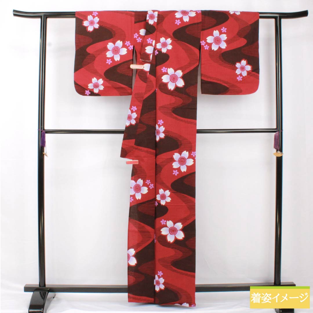 浴衣 木綿 身丈164cm 裄丈65cm Sランク 単衣 赤系 真紅色（しんくいろ） 流水 桜 1118005292412