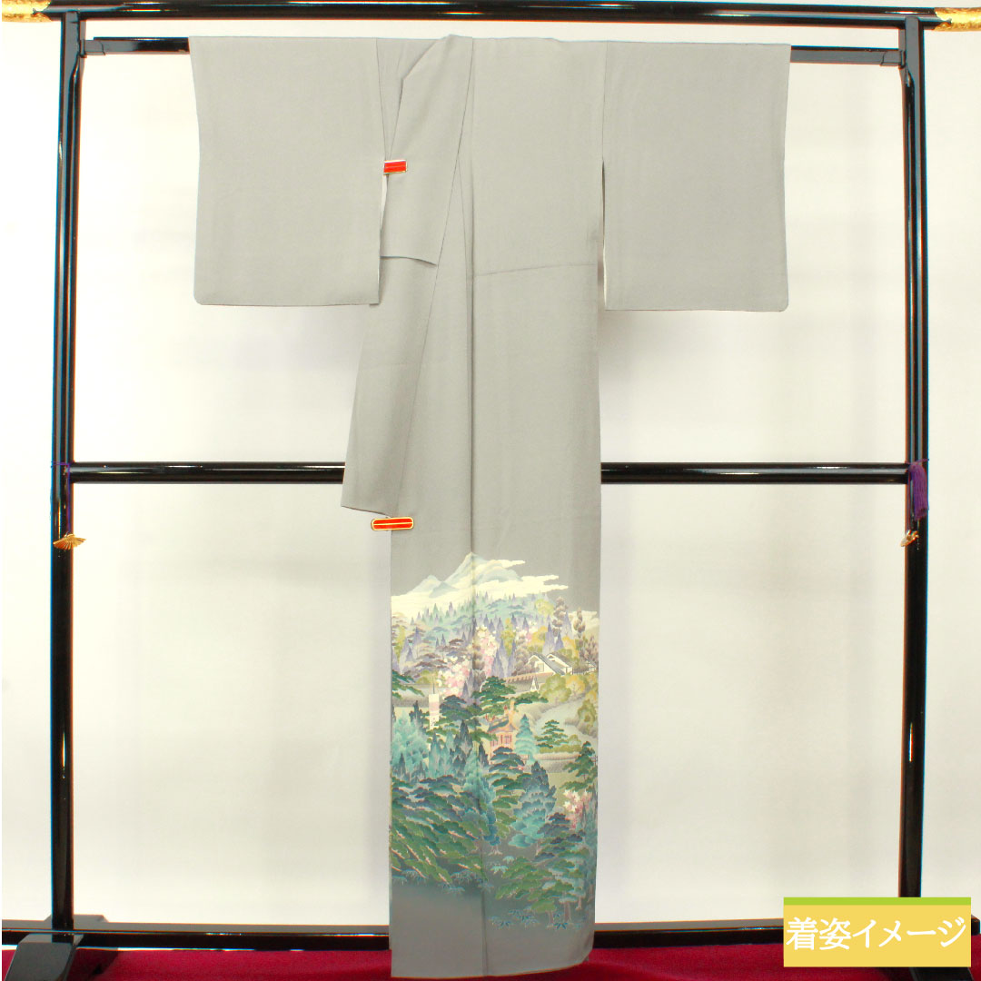 Colored Tomesode, pure silk, length 157cm, sleeve length 63.5cm, lined, tin color, landscape pattern, three crests, ivy, artist's work, Hida Takayama, pearl tone finish, A rank, gray, 1111001363322