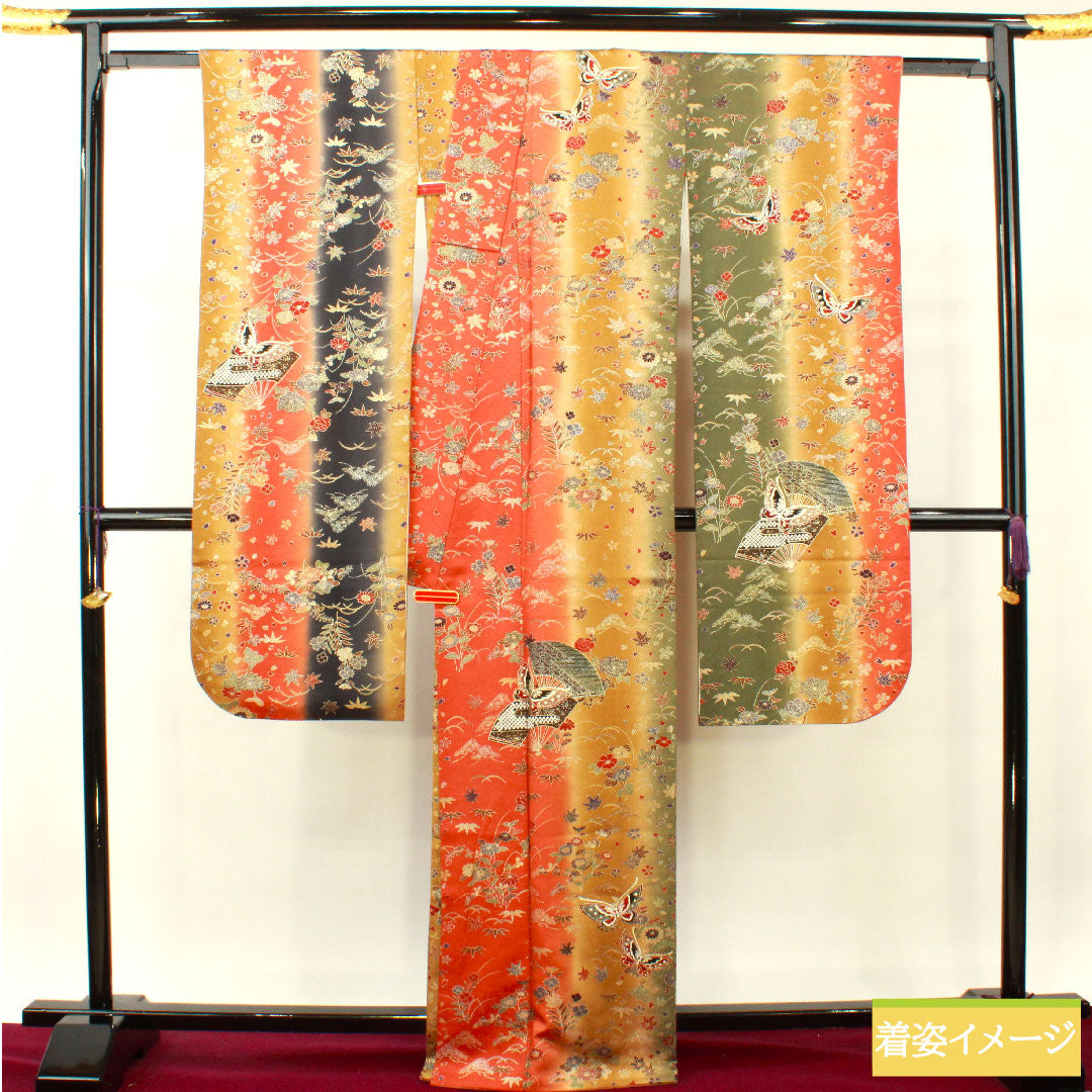 Furisode, pure silk, length 167cm, sleeve length 68.5cm, lined, Kyo-Yuzen, auspicious pattern, S rank, gradation style, 1113001902599