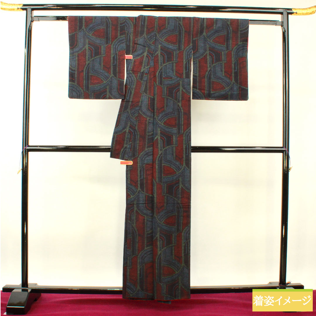 紬 正絹 身丈159cm 裄丈62cm 抽象模様 Sランク 袷 紺系 1116003422318