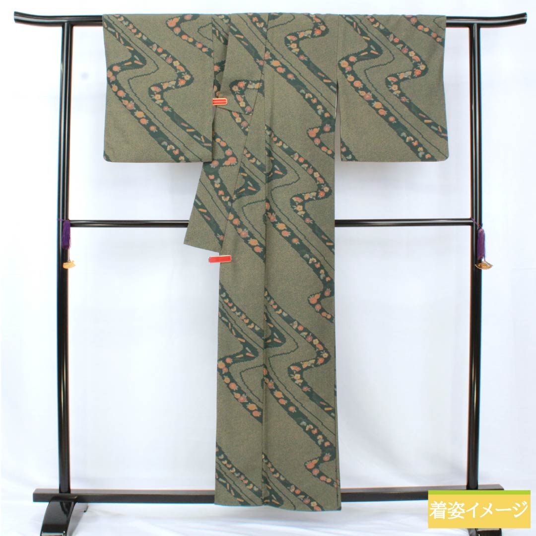 Small pattern, polyester, length 159cm, sleeve length 67cm, lined, iron color, washable kimono, flowing water, butterfly, S rank, green, 1115005192319