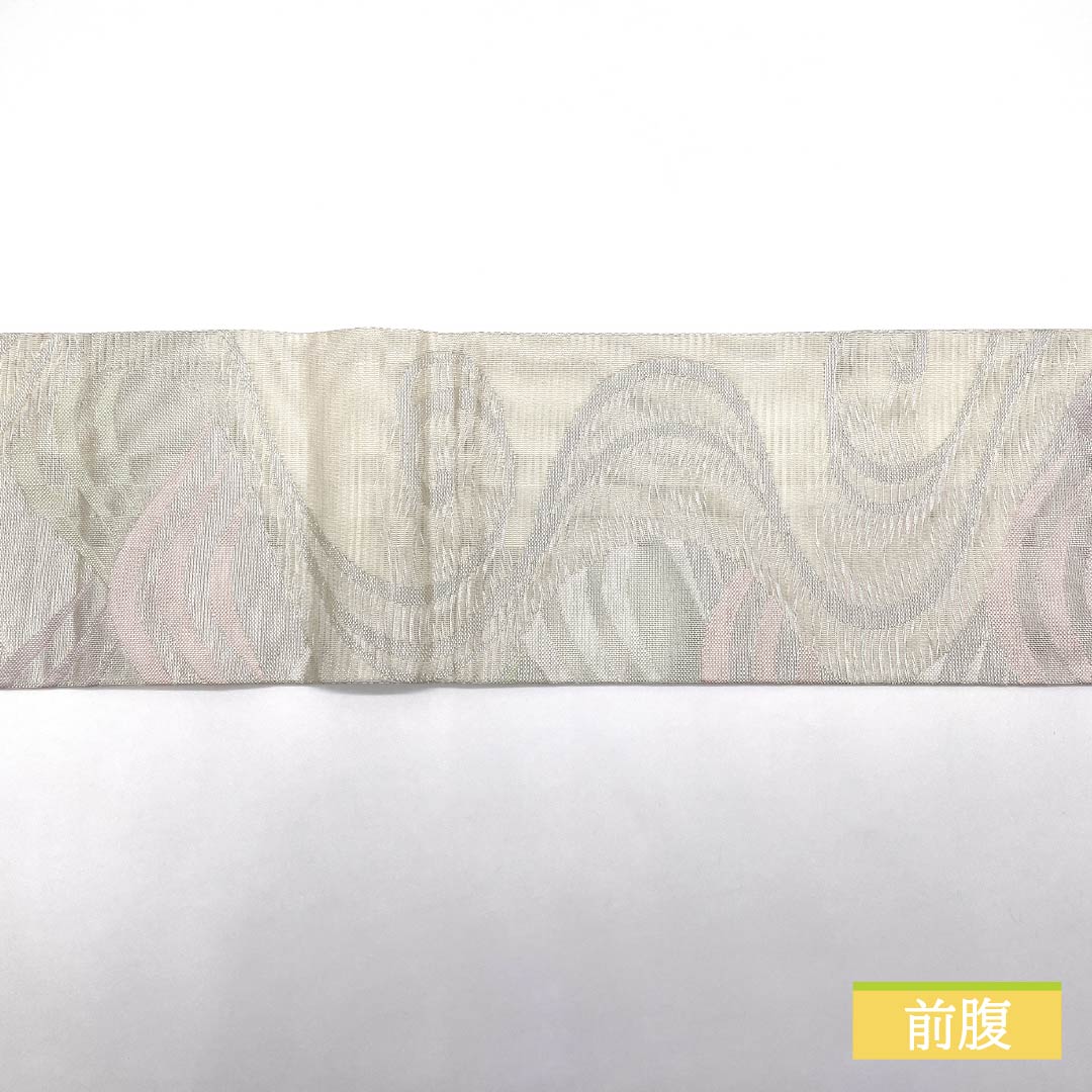 Nagoya Obi, Pure Silk, Kanze Ryusui Design, Summer Obi, Dried Leaf Pattern, Wave Pattern, Length 372cm, Rank B, Six-Ply, Semi-Formal, Silver, 1124008754322, Nagoya Style