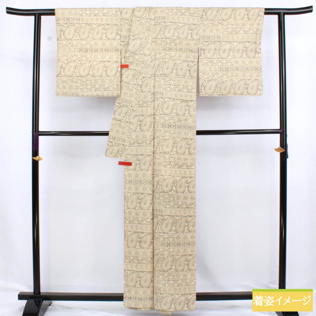 Komon silk S-rank kimono, length 160cm, sleeve length 65.5cm, lined, Tokyo white-brown (Tokyo shirachairo), paisley pattern, tsumugi fabric, silk guard, beige, product number 1115006772425